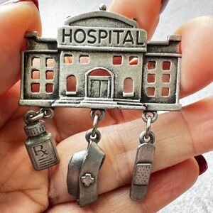 Vintage JJ Hospital Brooch with Dangling Charms Nurse Doctor Theme
